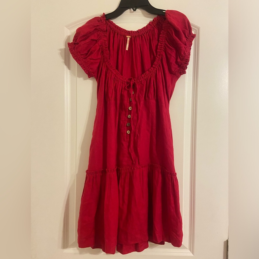 Free people Perri Linen Drop-Waist Mini Dress - Wild Rose Red Sz Small rayon - Picture 8 of 13